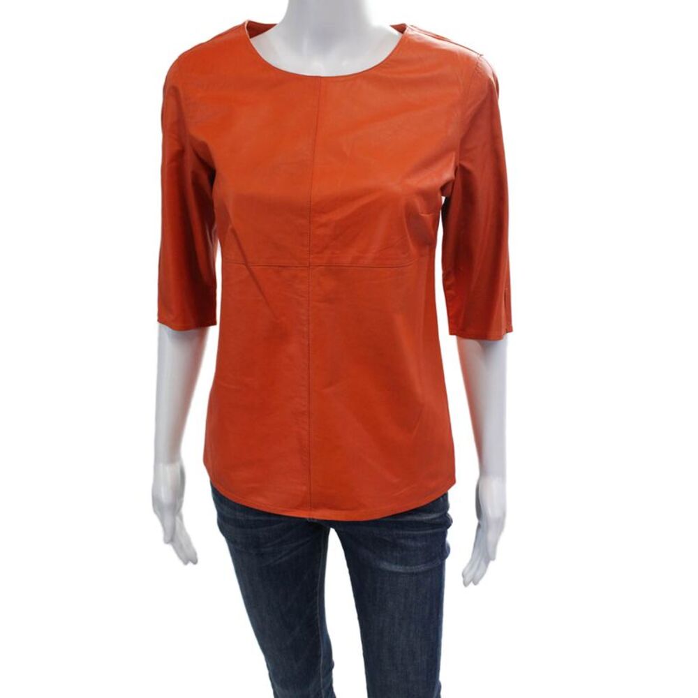 In Transit 2 Womens Leather Crew Neck Zip Back Blouse Top Orange Size S